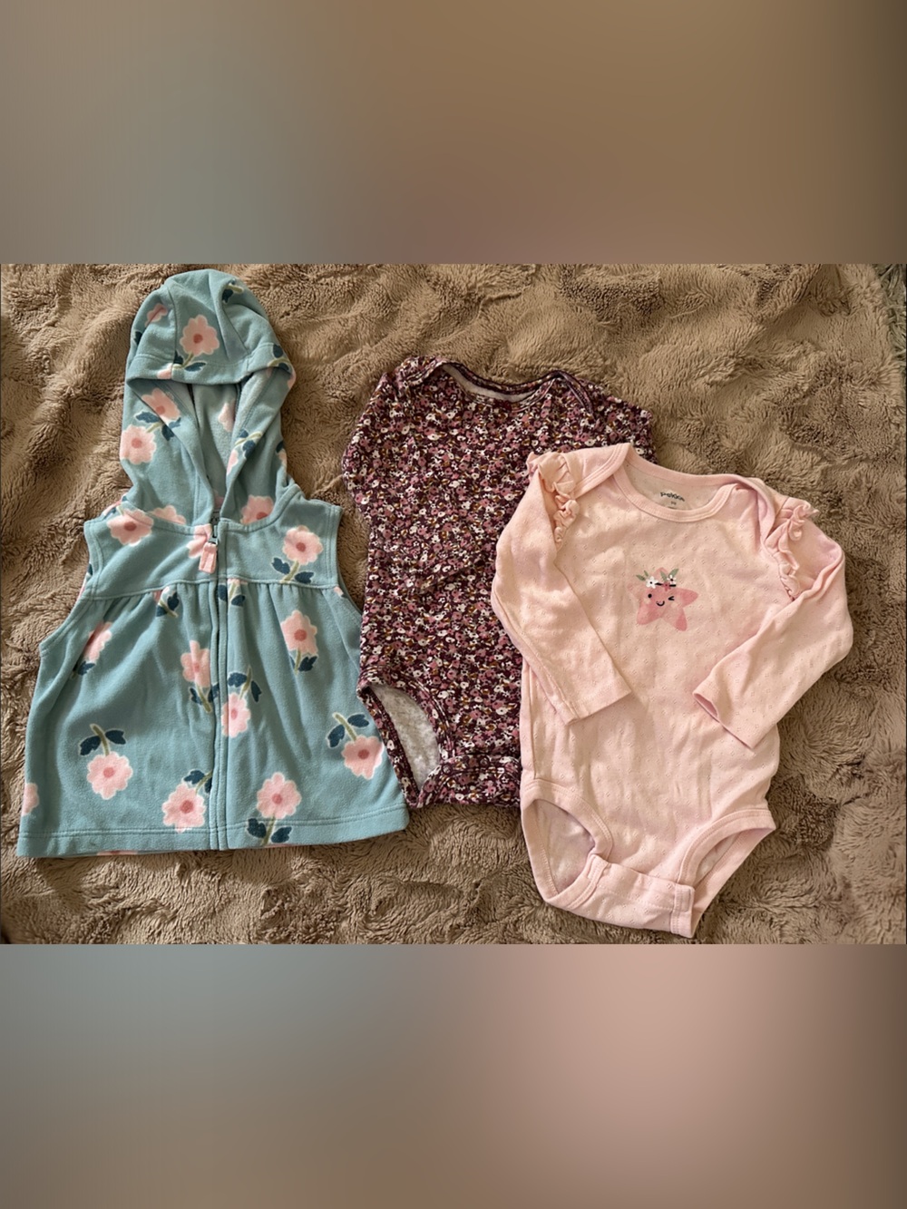 Floral Hooded Fleece vest and Two Long-Sleeve Bodysuits, 9 months